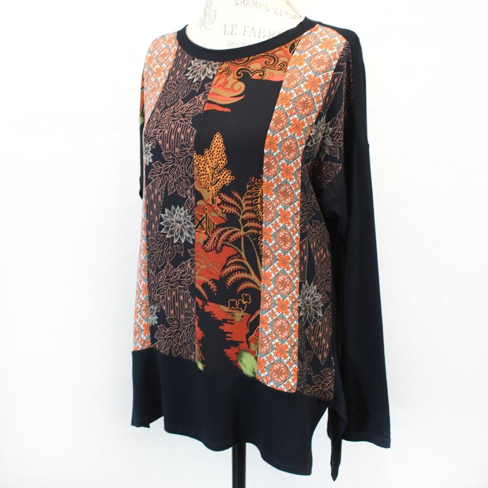 Harari Vtg Black Japan Print Floral Blouse Top Pullover Long Sleeve U.S.A. M